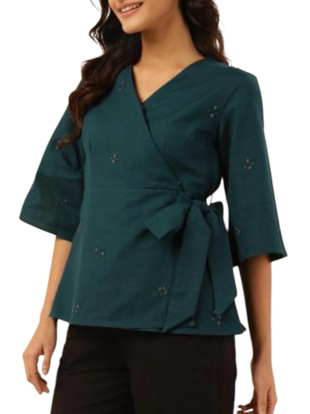 Fabindia Teal Cotton Linen Wrap Top Beaded Floral Embellished Boho Large - Picture 2 of 9